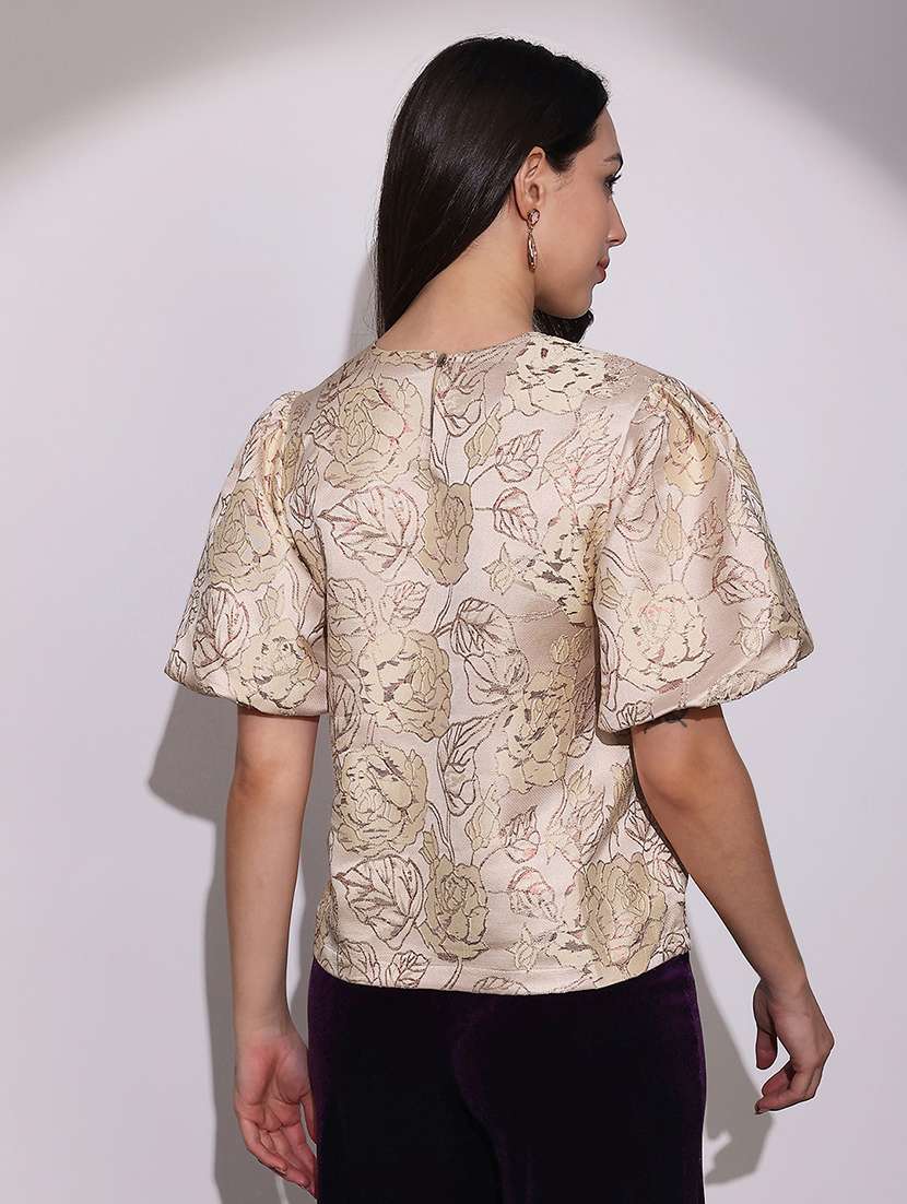 globus women beige round neck balloon sleeves floral brocade party top - 22219253 -  Standard Image - 2