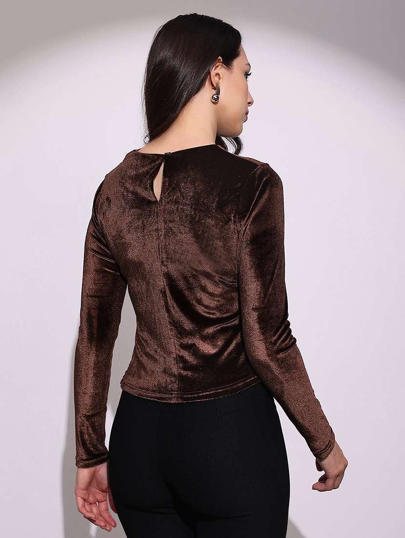 globus women brown round neck long sleeves cut-out detail gathered & pleated velvet party top - 22219254 -  Standard Image - 2