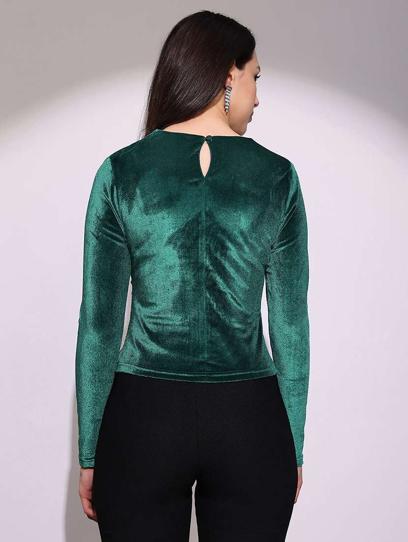 globus women teal round neck long sleeves cut-out detail gathered & pleated velvet party top - 22219255 -  Standard Image - 2