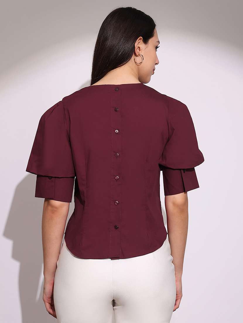 women solid puff sleeve back buttoned top - 22219256 -  Standard Image - 2