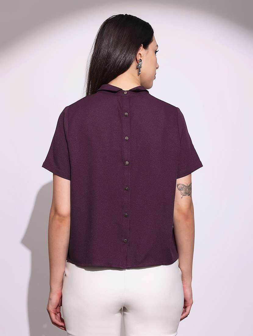 globus women purple short sleeves collared neck back button shirt style top - 22219257 -  Standard Image - 2