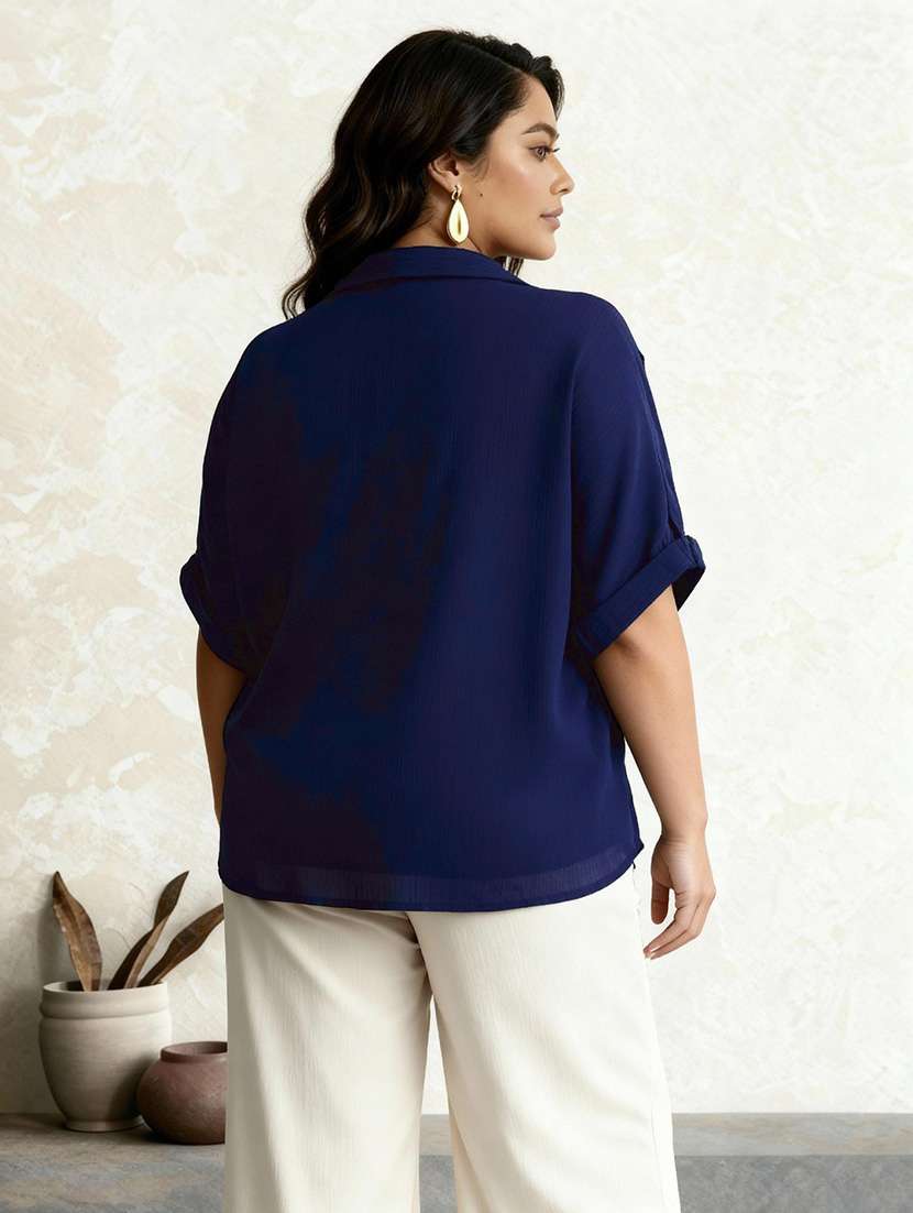 globus gloplus women blue collared v-neck extended sleeves self design plus size top - 22219259 -  Standard Image - 2