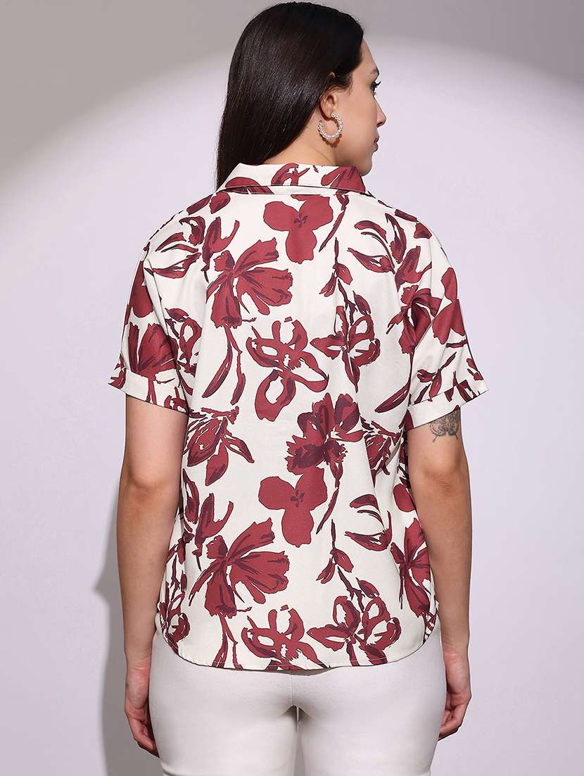 globus women red floral print collared v-neck short sleeves gathered & pleat detail curved hem top - 22219260 -  Standard Image - 2