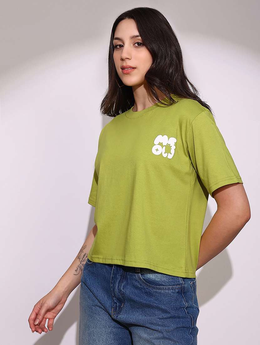 globus women green round neck short sleeves graphic print oversized crop t-shirt - 22219261 -  Standard Image - 2