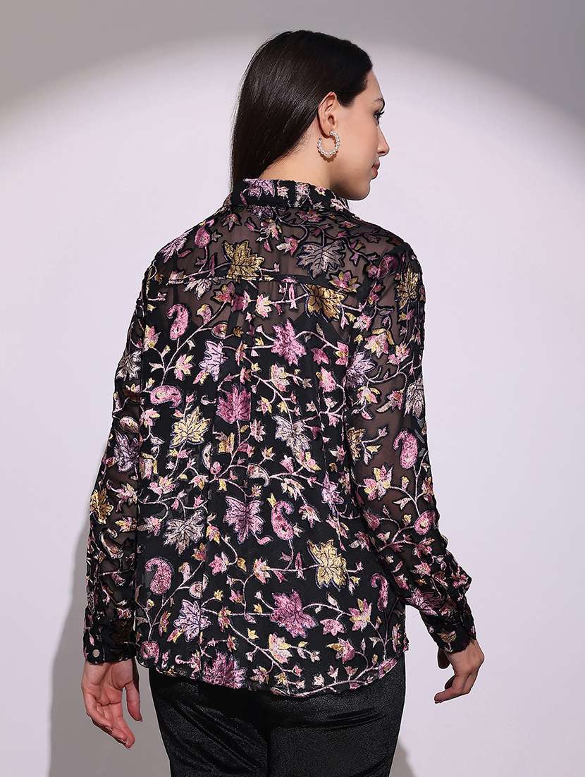 globus women black floral self design collared neck cuffed sleeves curved hem party shirt - 22219262 -  Standard Image - 2