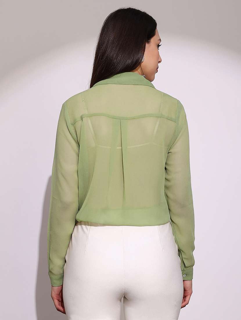 globus women green embellished collar cuffed sleeves curved hem georgette sheer party shirt - 22219264 -  Standard Image - 2