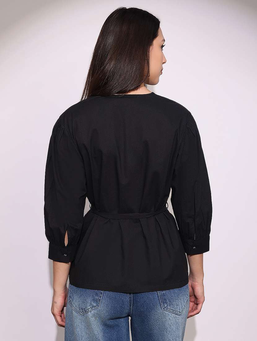 globus women black v-neck cuffed sleeves tie-up detail workwear tailored fit shirt - 22219268 -  Standard Image - 2