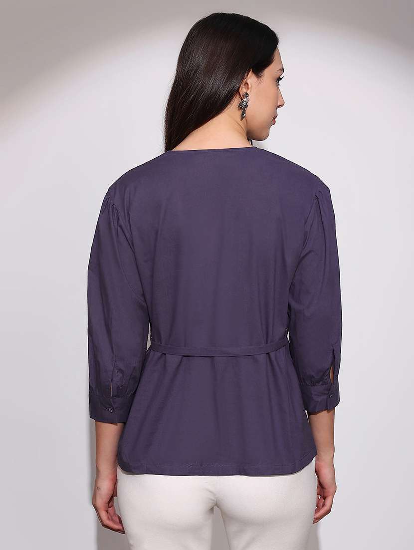 globus women purple v-neck cuffed sleeves tie-up detail workwear tailored fit shirt - 22219269 -  Standard Image - 2