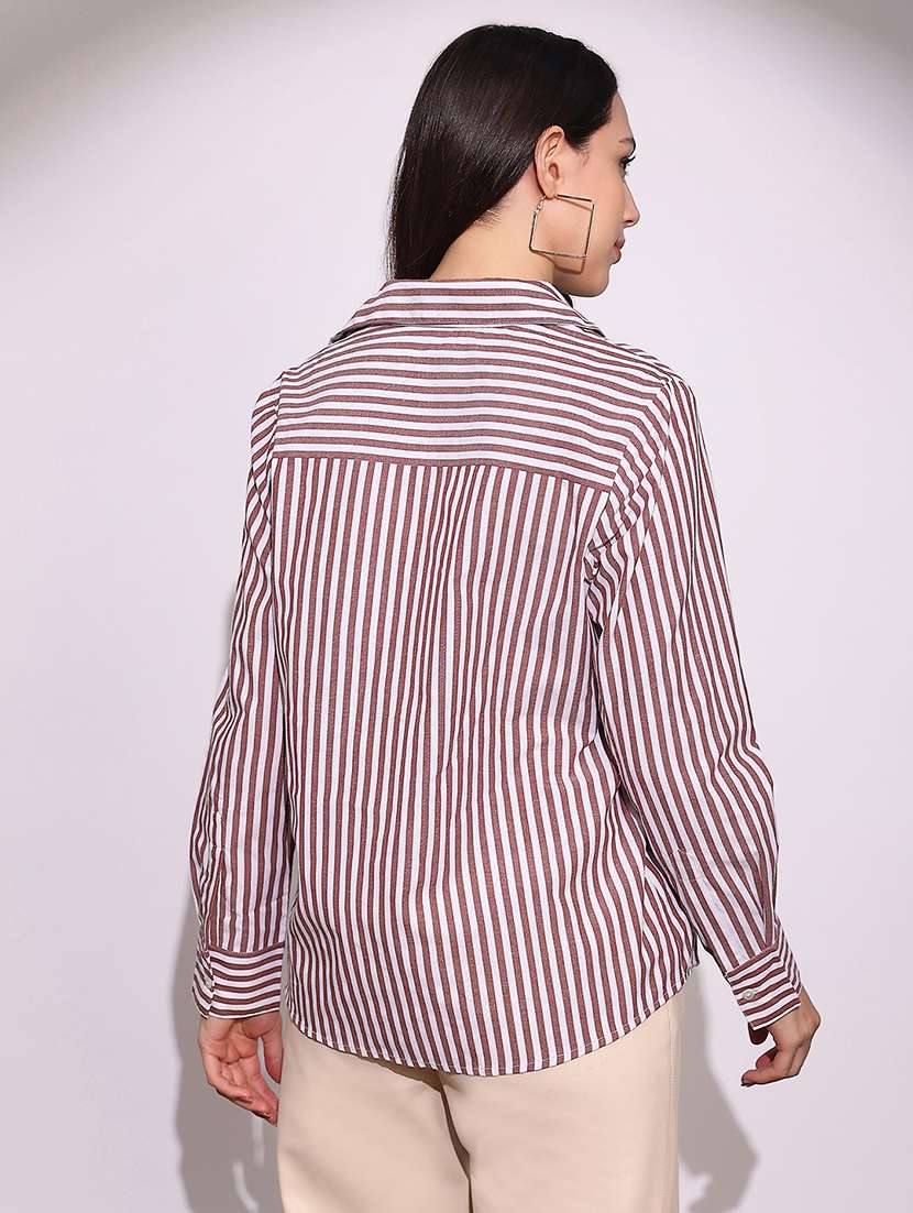 globus women brown striped collared neck cuffed sleeves chinese tab oversized workwear shirt - 22219271 -  Standard Image - 2