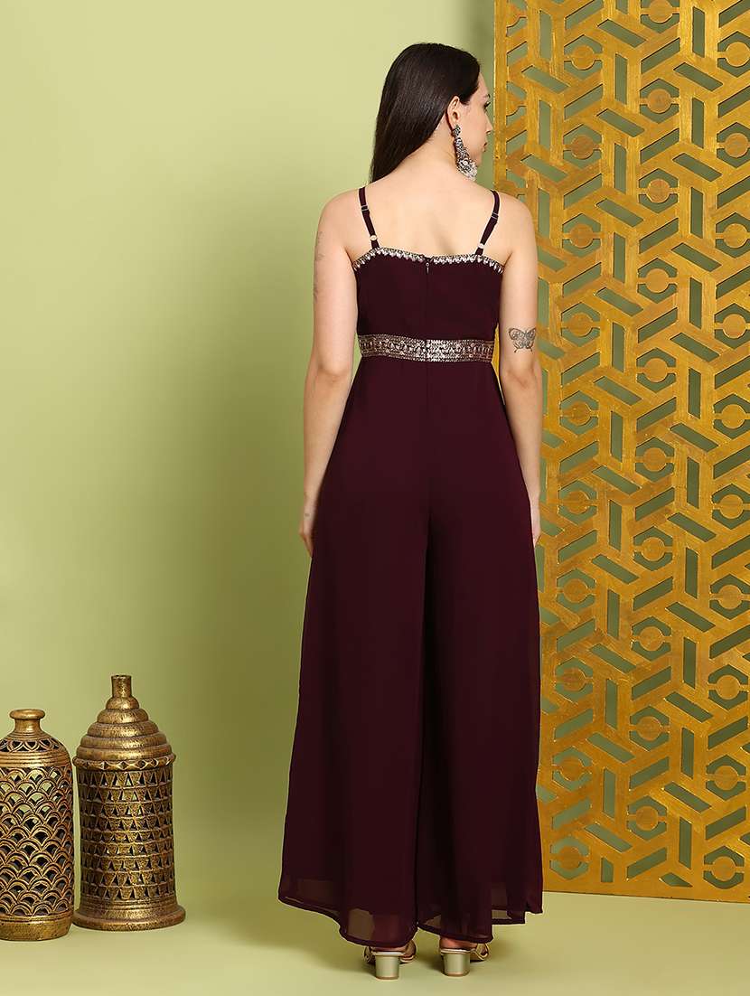 globus women brown scoop neck shoulder straps embroidered detail georgette flared festive jumpsuit - 22219272 -  Standard Image - 2