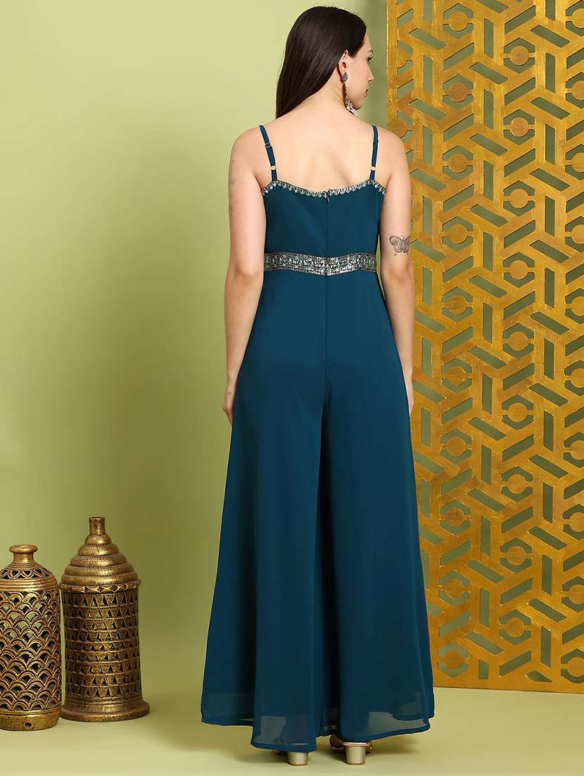 globus women teal scoop neck shoulder straps embroidered detail georgette flared festive jumpsuit - 22219273 -  Standard Image - 2