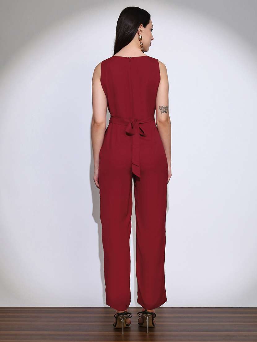 globus women maroon wrap neck sleeveless tie-up back solid wide leg workwear jumpsuit - 22219274 -  Standard Image - 2