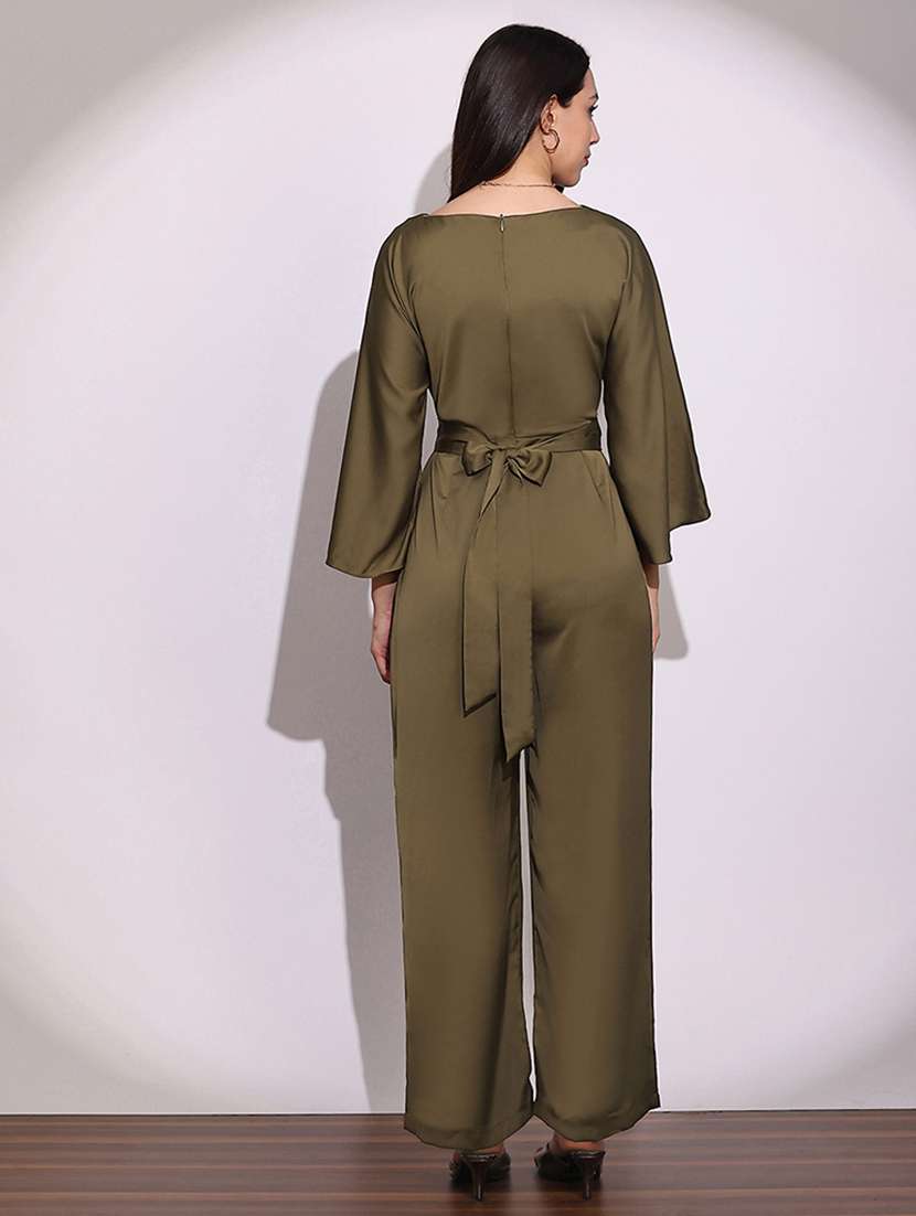 globus women brown boat neck cape sleeves criss cross waist tie-up detail sheen party jumpsuit - 22219276 -  Standard Image - 2