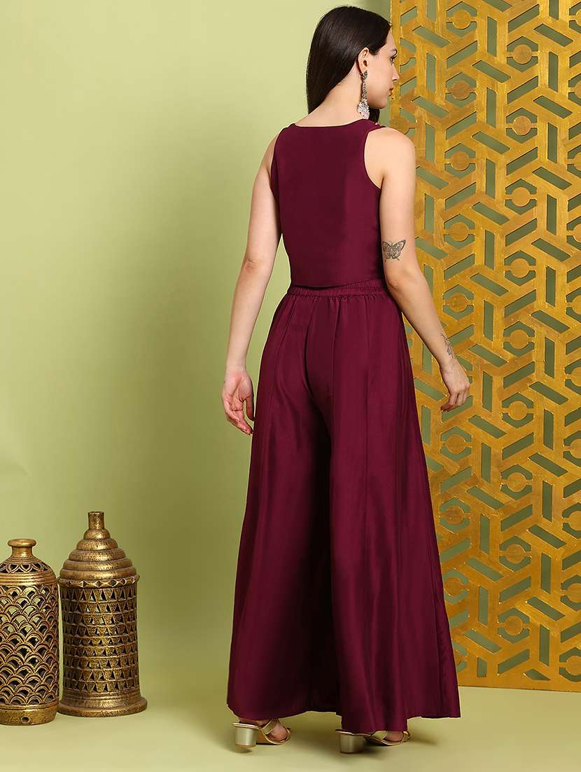 Globus Women Maroon V-neck Floral Embroidered Waistcoat With Flared Palazzos Festive Co-ord Set - 22219312 -  Standard Image - 2