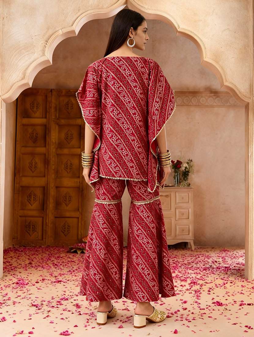 globus women red bandhani ethnic gold foil print v-neck kimono sleeves lace detail kaftan tunic & sharara festive co-ord set - 22219313 -  Standard Image - 2