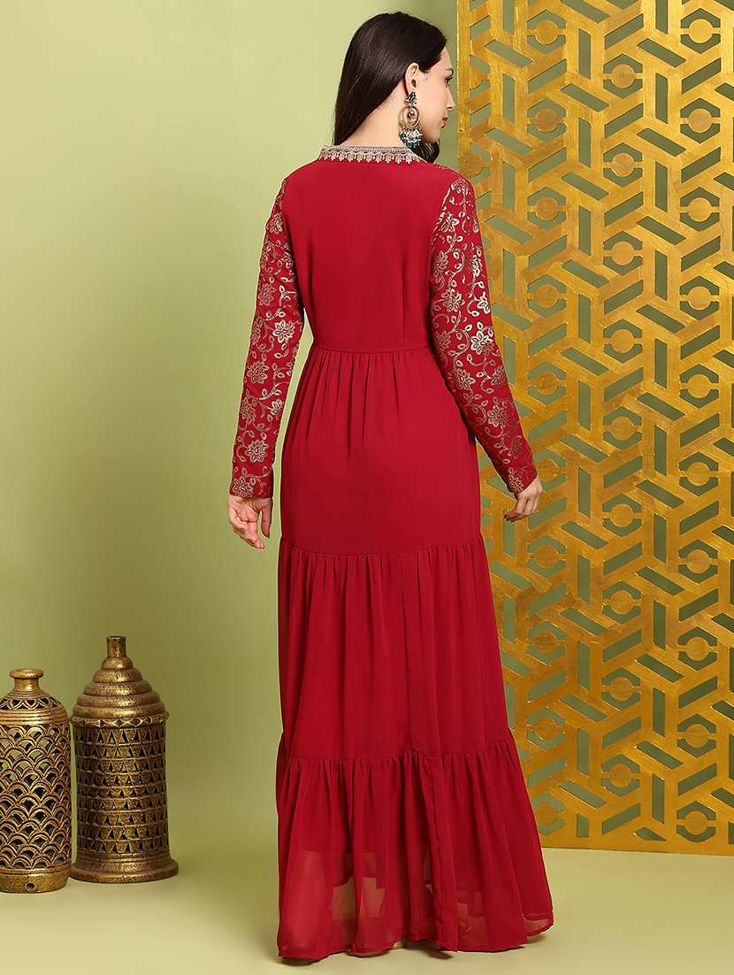 globus women red square neck pleated embroidered detail gold foil ethnic print fit & flare maxi festive dress - 22219315 -  Standard Image - 2