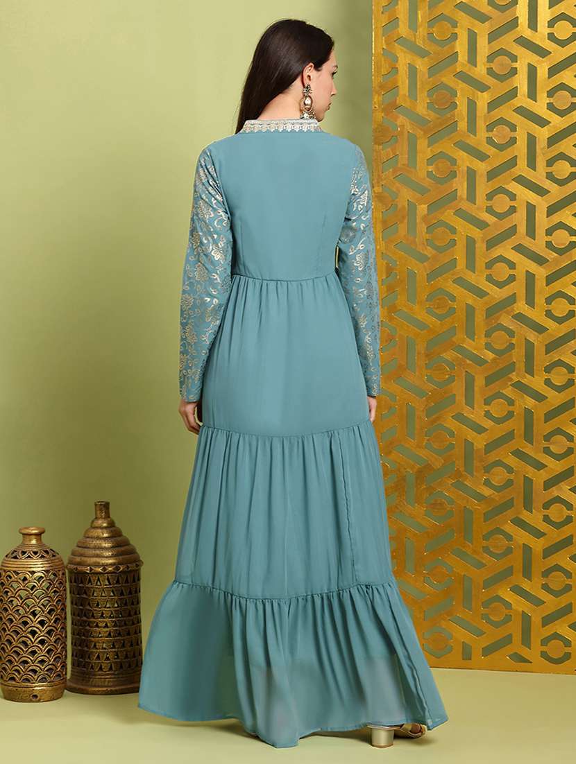 globus women sea green square neck pleated embroidered detail gold foil ethnic print fit & flare maxi festive dress - 22219316 -  Standard Image - 2