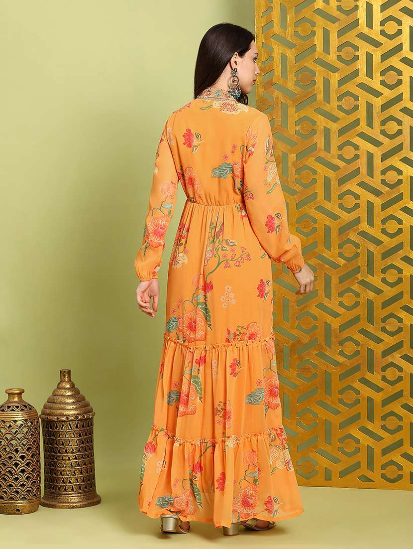 globus women mustard embroidered v-neck bishop sleeves floral print tiered fit & flare maxi festive dress - 22219317 -  Standard Image - 2
