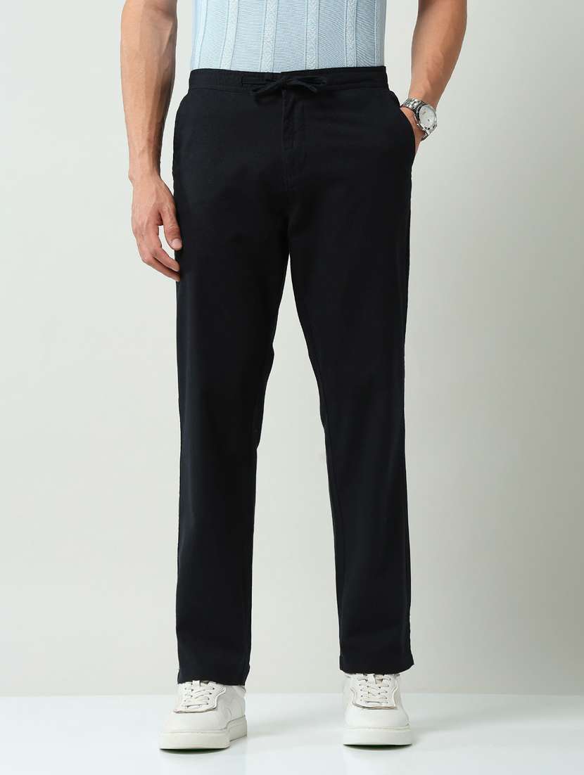 men solid mid rise flat front casual trouser