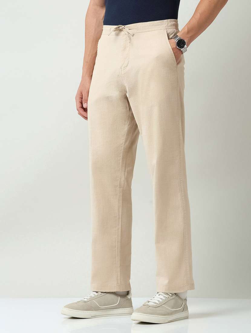 men solid mid rise flat front casual trouser - 22219326 -  Standard Image - 2