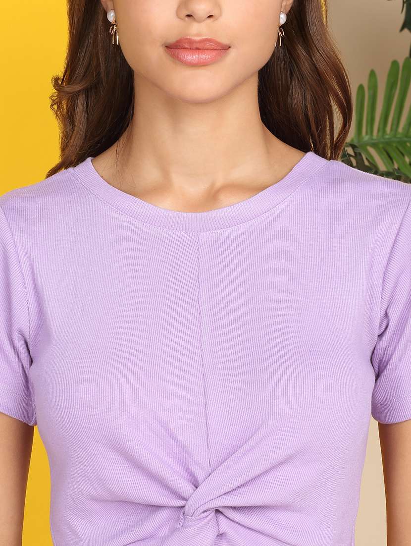 women solid short sleeve front knot crop top - 22219358 -  Standard Image - 2