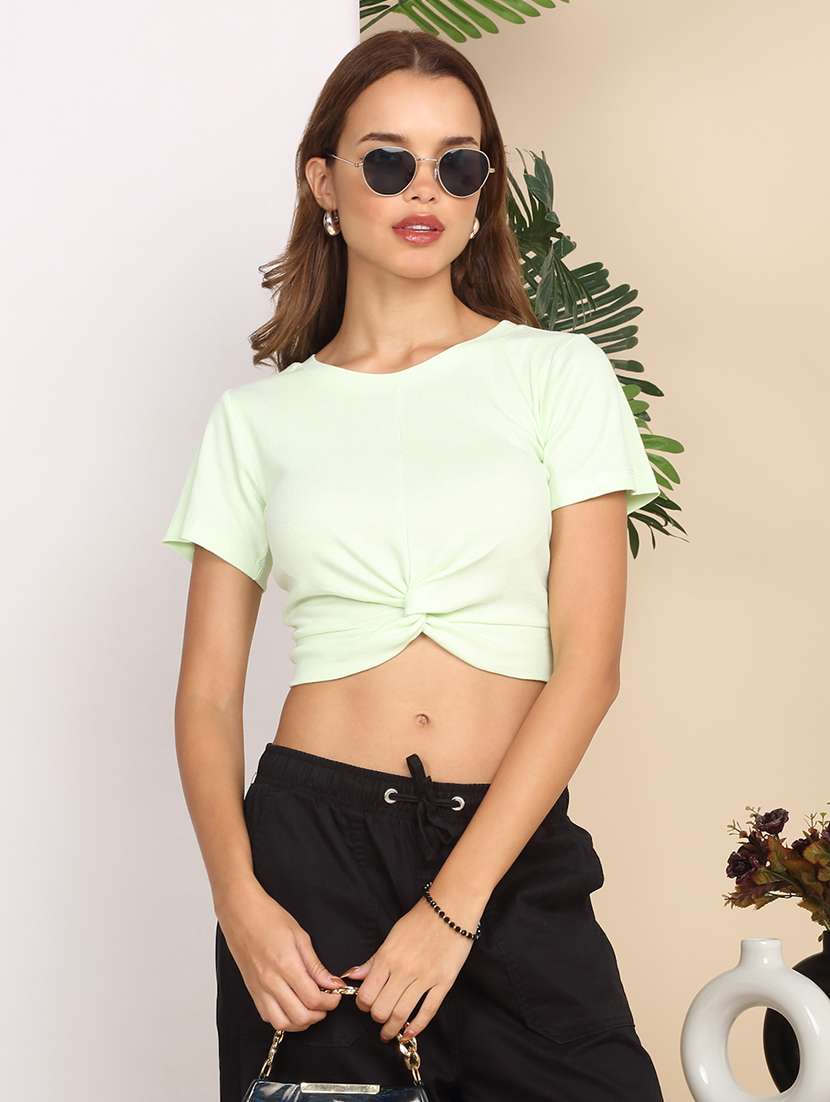 women solid short sleeve front knot crop top