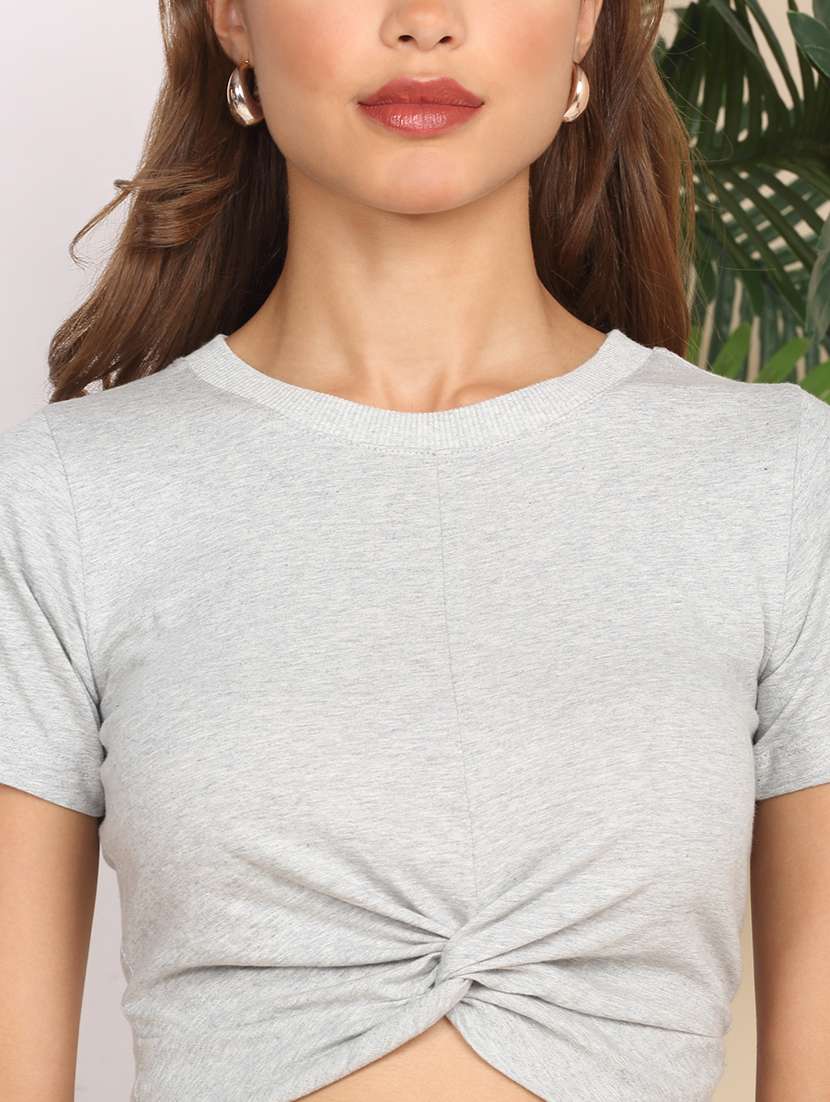 women solid short sleeve front knot crop top - 22219365 -  Standard Image - 2