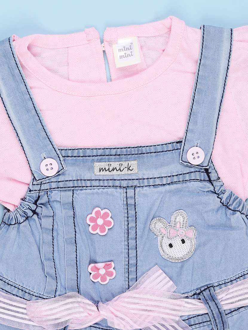 Girls Solid Round Neck Dungaree - 22219783 -  Standard Image - 2