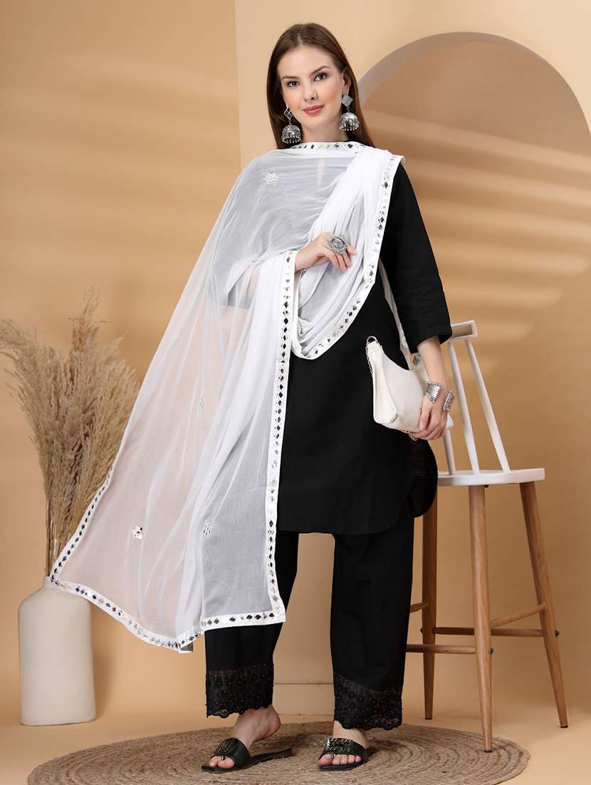 women solid with work mirror work dupatta