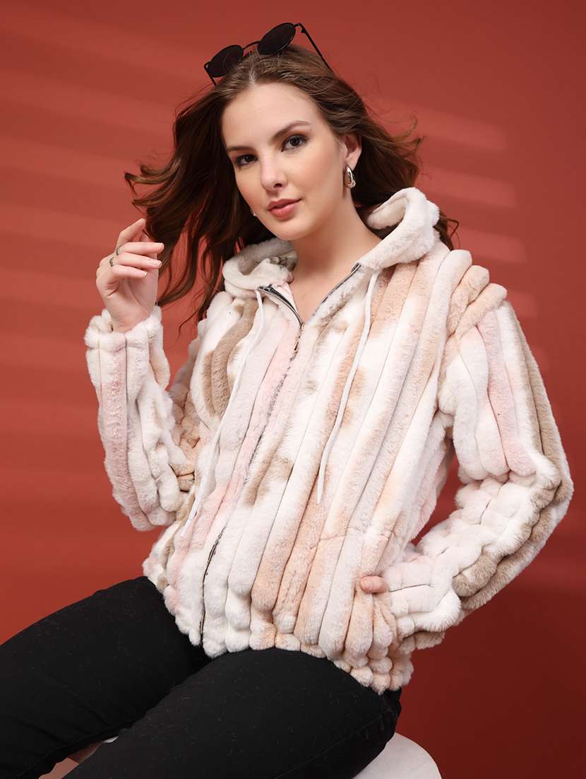 women printed long sleeve hooded fur jacket