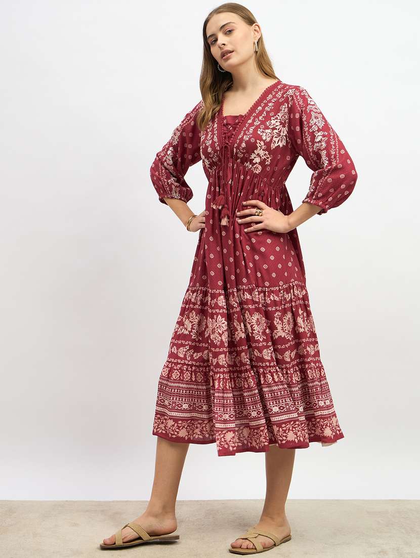 women printed puff sleeve fit & flared dress - 22219907 -  Standard Image - 2