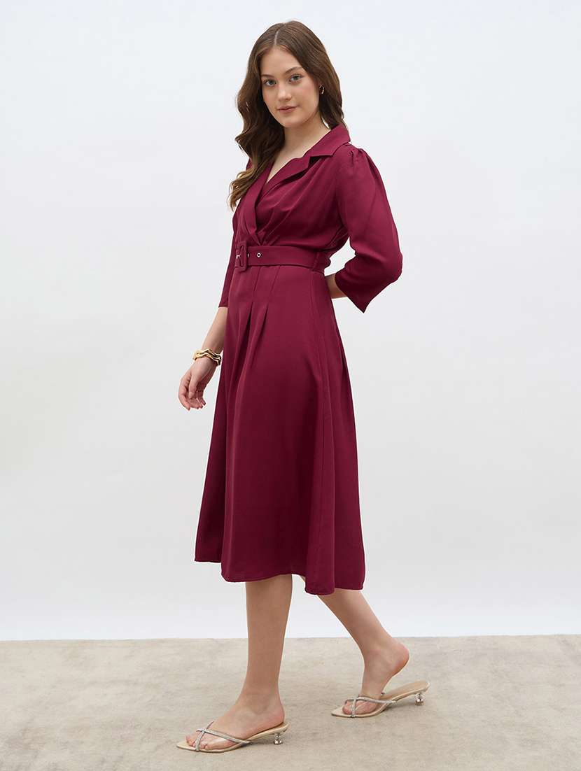 women solid lapel neck pleated a-line dress - 22219909 -  Standard Image - 2