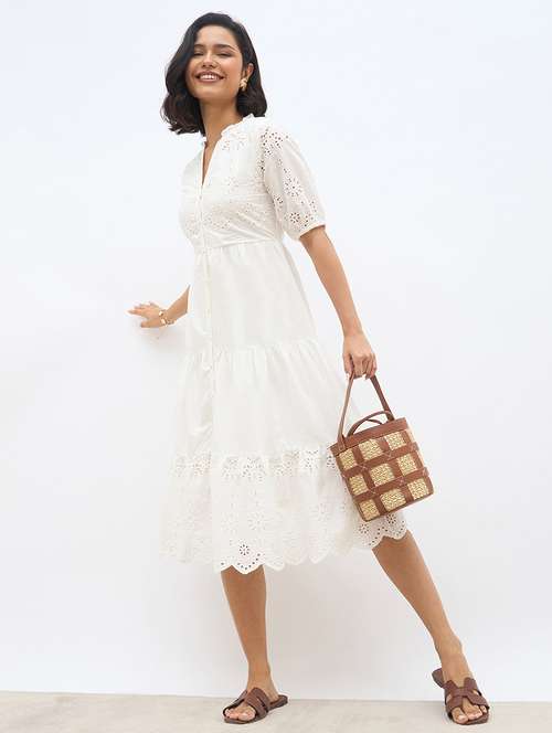 women solid puff sleeve schiffli tiered dress - 22219911 -  Standard Image - 0