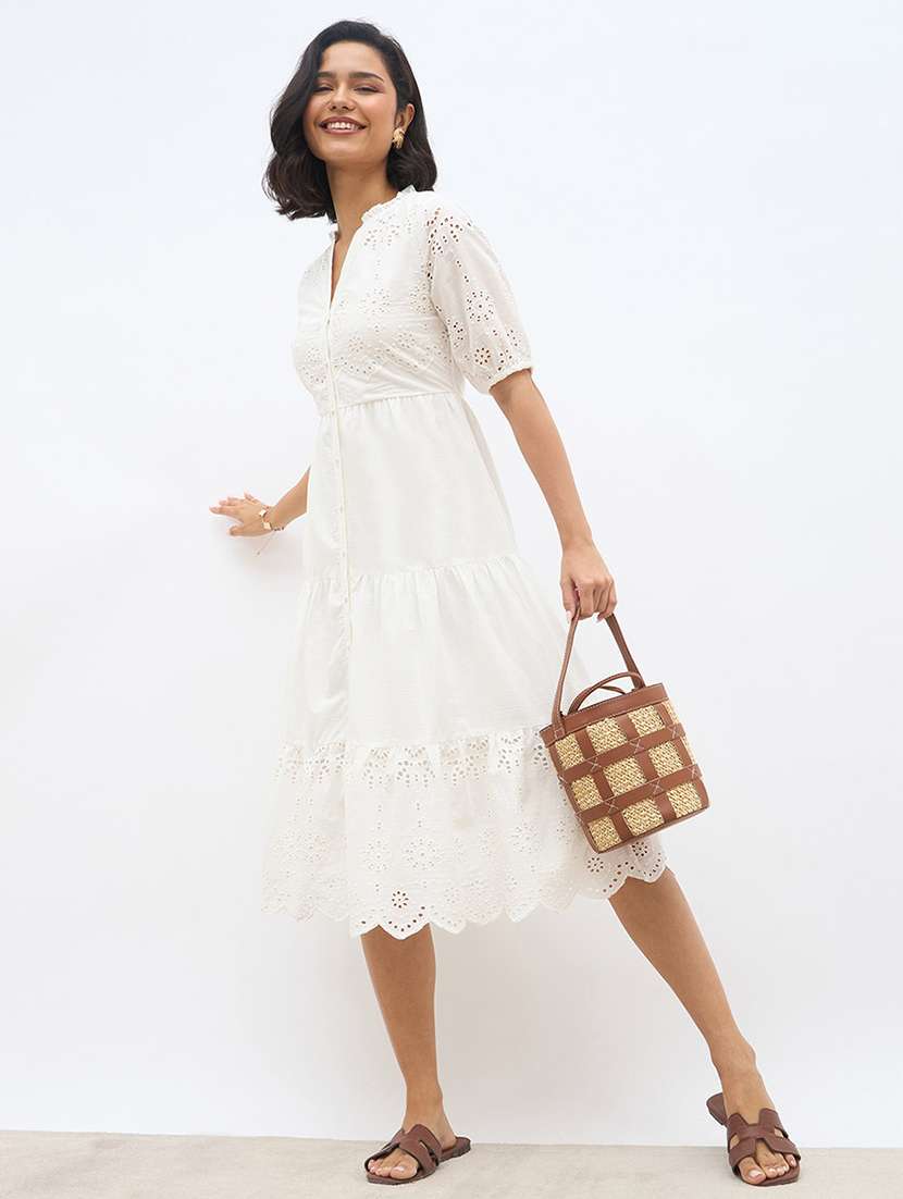 women solid puff sleeve schiffli tiered dress