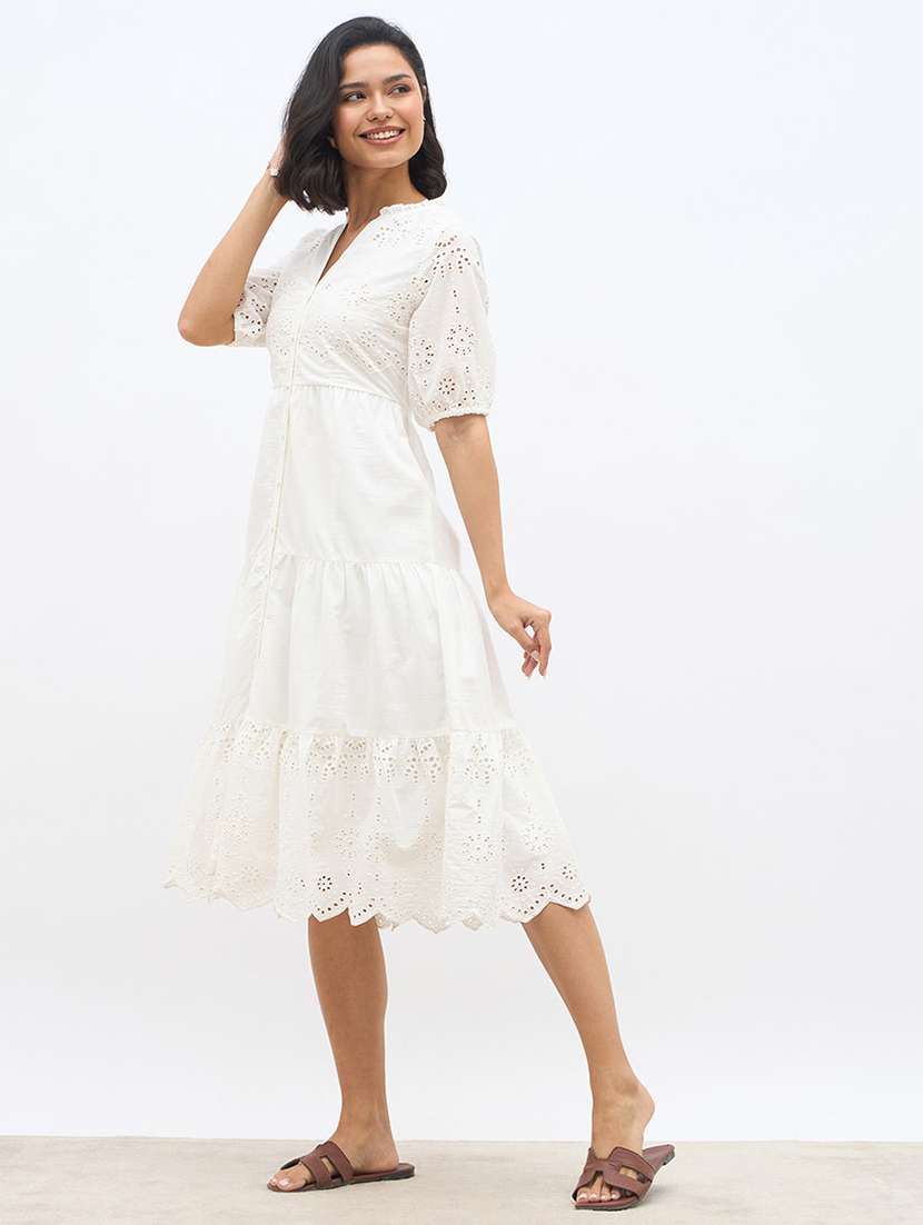 women solid puff sleeve schiffli tiered dress - 22219911 -  Standard Image - 2