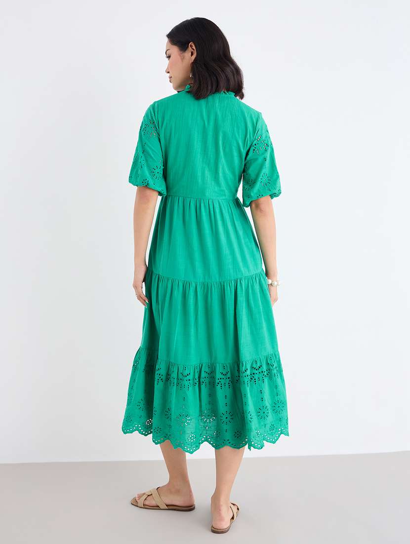 women solid puff sleeve schiffli tiered dress - 22219912 -  Standard Image - 2
