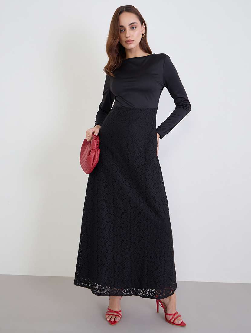 women solid long sleeve lace a-line dress