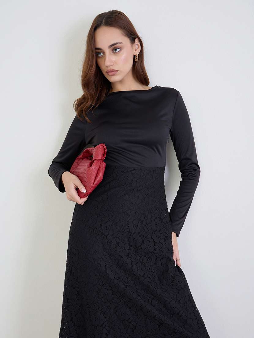 women solid long sleeve lace a-line dress - 22219915 -  Standard Image - 2
