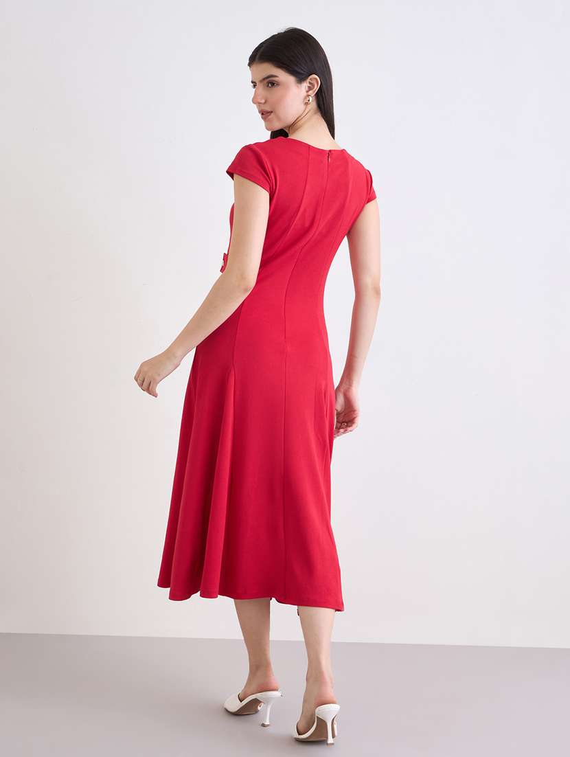 women solid cap sleeve fit and flare dress - 22219918 -  Standard Image - 2