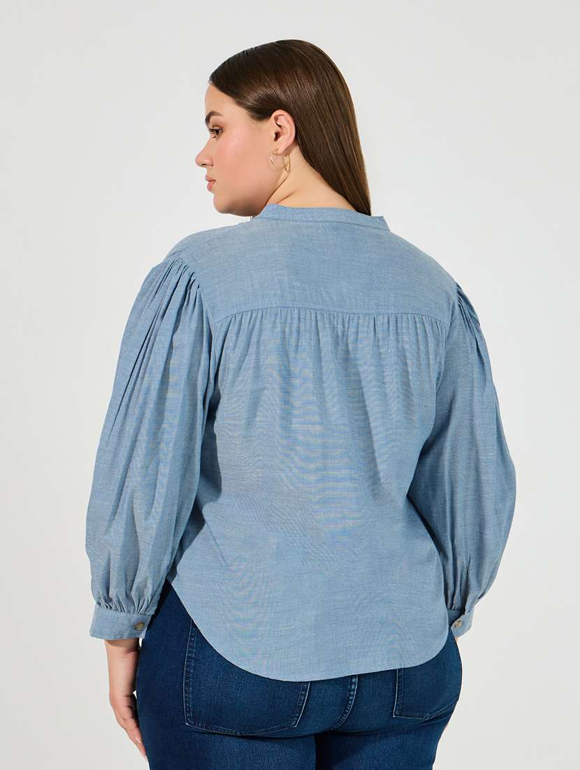 women plus size solid mandarin neck puff sleeve shirt - 22219935 -  Standard Image - 2