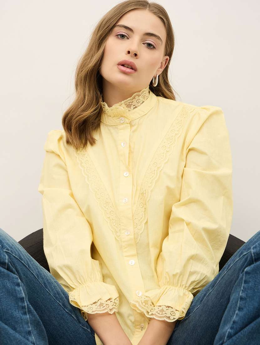 women solid puff sleeve mandarin neck shirt - 22219936 -  Standard Image - 2