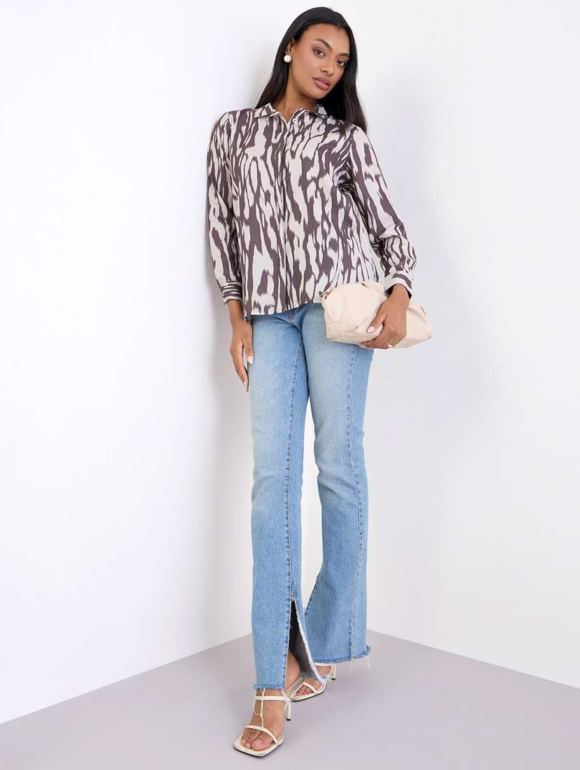 women printed collared long sleeve shirt - 22219940 -  Standard Image - 2
