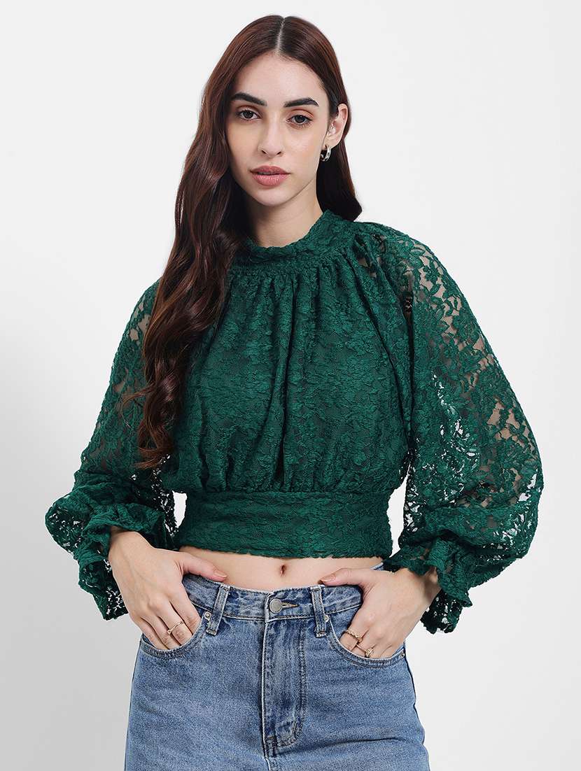 women self desigend puff sleeve lace crop top
