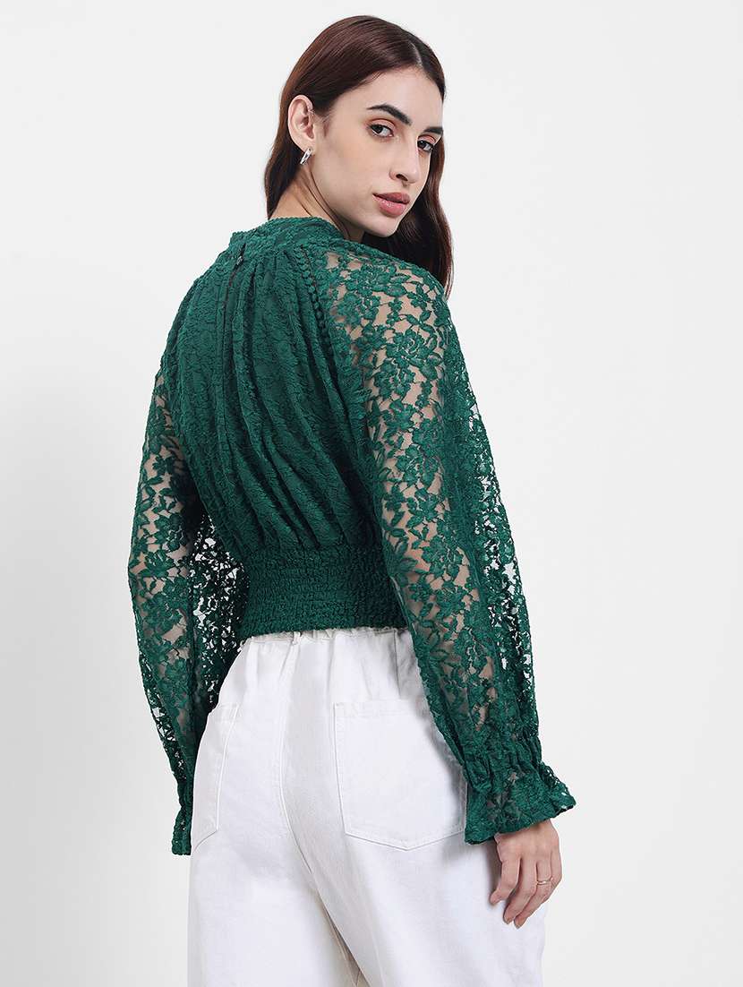 women self desigend puff sleeve lace crop top - 22219947 -  Standard Image - 2