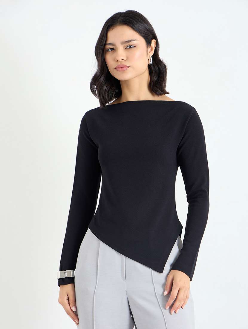 women solid long sleeve asymmteric top
