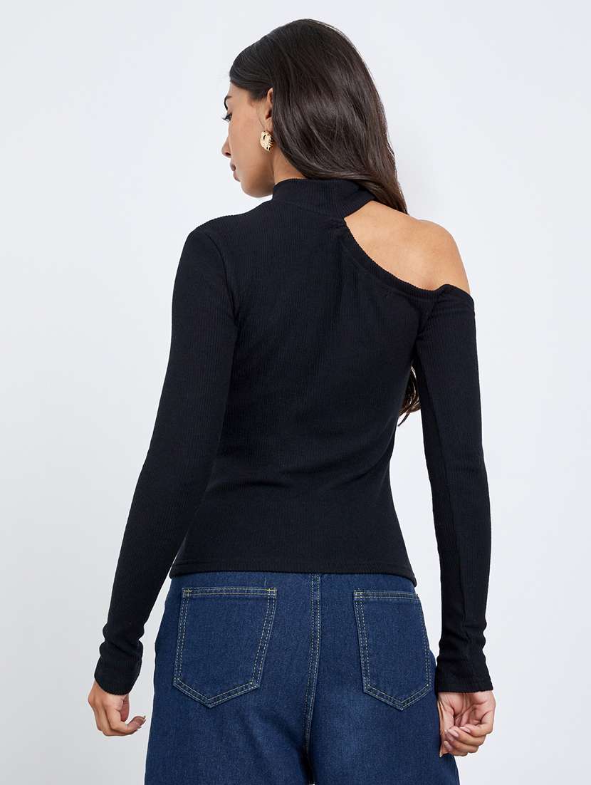 women solid long sleeve cut out straight top - 22219951 -  Standard Image - 2