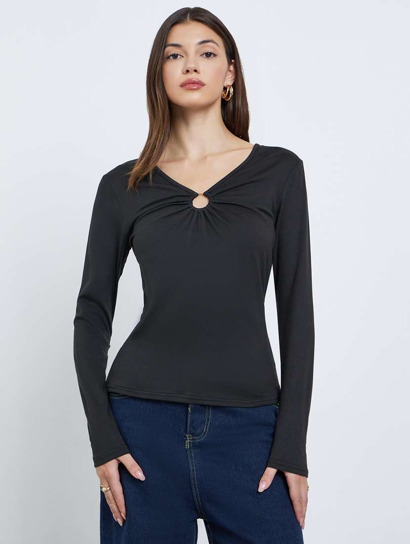 women solid long sleeve straight top