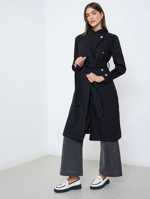 women black solid long sleeve trench coat - 22219975 -  Standard Image - 0