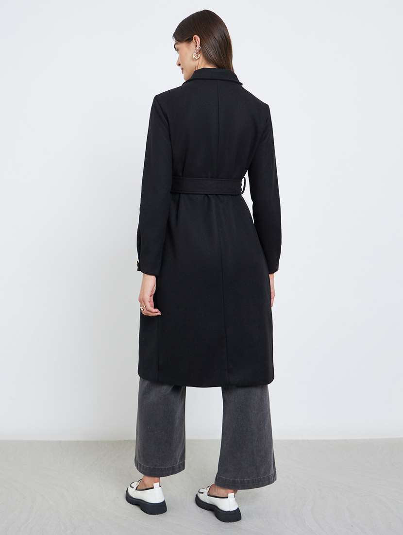 women black solid long sleeve trench coat - 22219975 -  Standard Image - 2