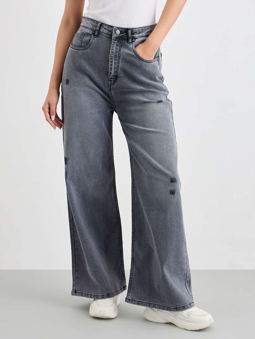 women distressed high rise wide leg jean